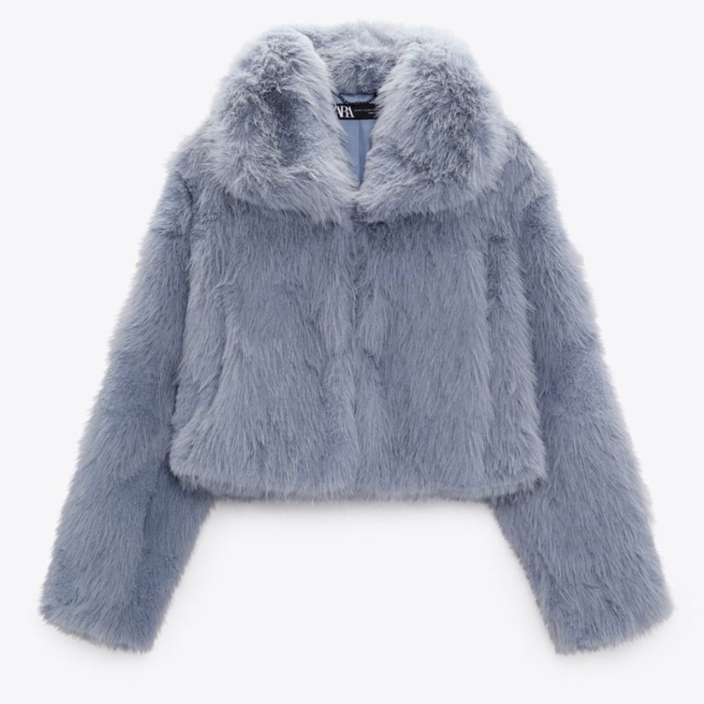 Zara Faux Fur Collared Crop Jacket in Light Blue XS-S - Picture 10 of 12